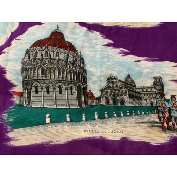 Vtg ITALY Bold Purple SOUVENIR SCARF Pisa Firenze FLORENCE Leaning Tower 29 x 30 - Picture 2 of 12
